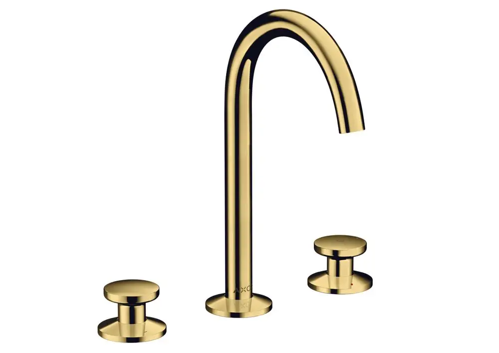 Waschtischarmatur mit zwei Bedienelementen und hohem Auslauf in glänzendem Gold. Entwurf von AXOR, geeignet für die Montage an einem Waschbecken.